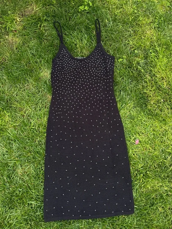 Papell Boutique Black Hand Crocheted Midi Dress with Silver Bead Accents - Picture 7 of 8